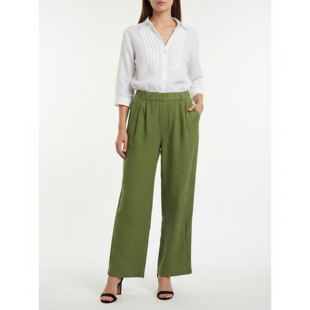 Monteau Los Angeles Olive Green Linen Blend Front Pleats Pleated Pants Size XL
